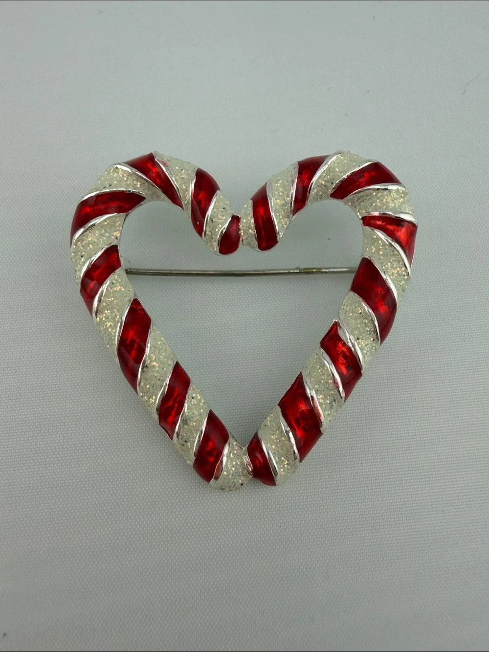 Festive vintage Red and Silver Heart Stripe Brooch